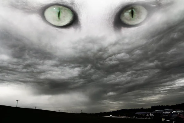 O céu escuro está olhando para baixo em nós olhos de gato em nuvens de trovão — Fotografia de Stock