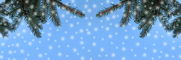 Fond Noël Branches Sapin Flocons Neige Contre Ciel Bleu — Photo