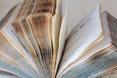 1853 'ten kalma eski bir kitabın sarı sayfaları.