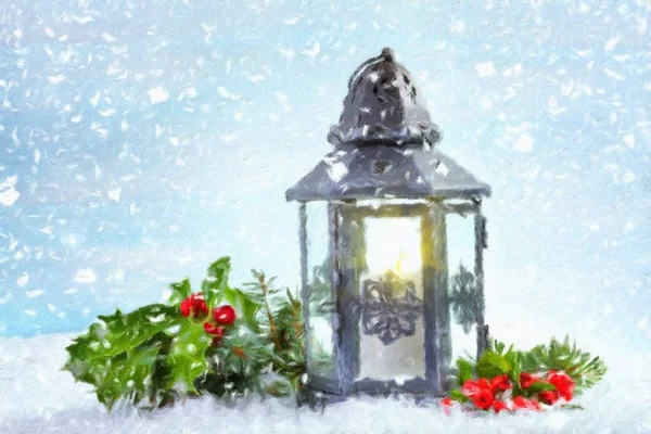 Linterna de Navidad con hojas de acebo y bayas. Pintura al óleo ef — Foto de Stock