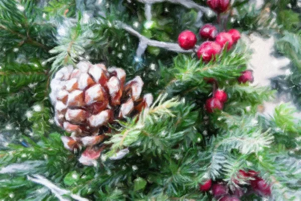 Boże Narodzenie drzewo gałąź ozdoba z czerwone jagody. Obraz olejny — Zdjęcie stockowe