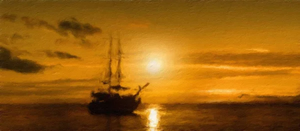 Πλοίο σε φόντο ηλιοβασίλεμα. Ελαιογραφία. — Φωτογραφία Αρχείου