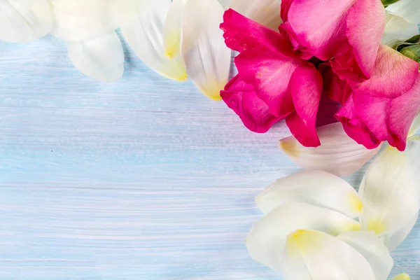 Fondo floreale con petali bianchi e rose. Posto per testo — Foto Stock