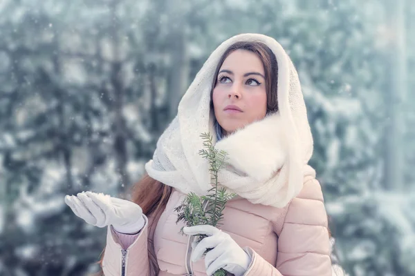 Beautiful young woman in winter forest — Stock Photo, Image