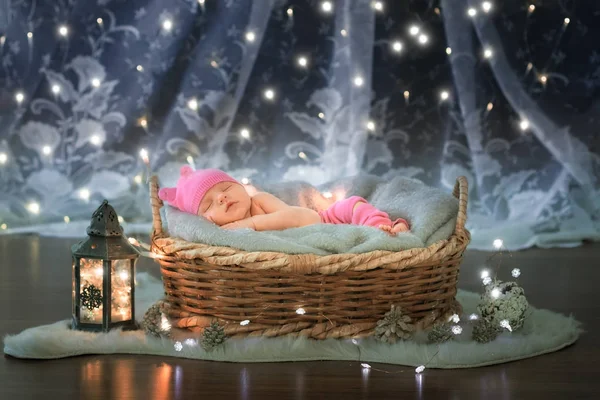 Bebê recém-nascido dormindo em uma cesta — Fotografia de Stock