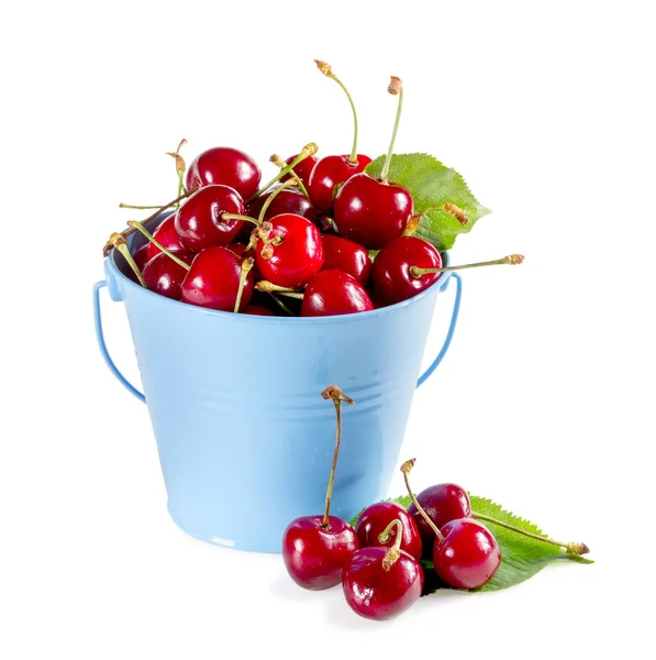 Cerezas maduras en un cubo. Aislar sobre fondo blanco . — Foto de Stock