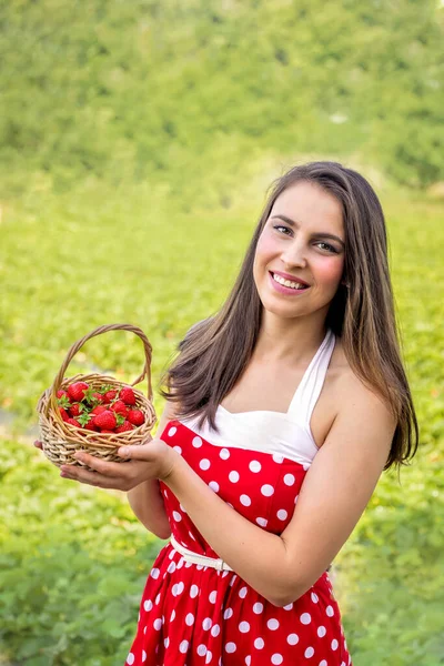 若い女性はイチゴ畑でイチゴを選ぶ — ストック写真