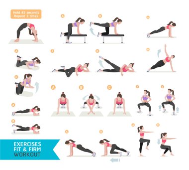 Kadın egzersiz fitness, aerobik ve egzersizleri. Vektör Illustratio