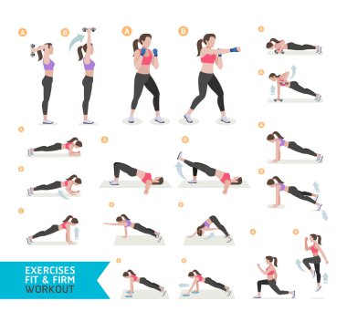 Kadın egzersiz fitness, aerobik ve egzersizleri. Vektör Illustratio