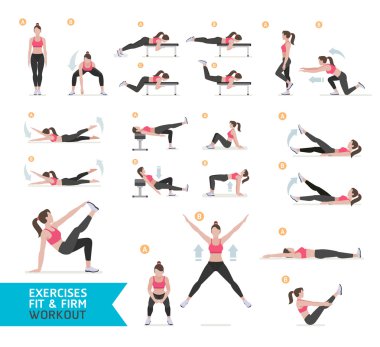 Kadın egzersiz fitness, aerobik ve egzersizleri. Vektör Illustratio