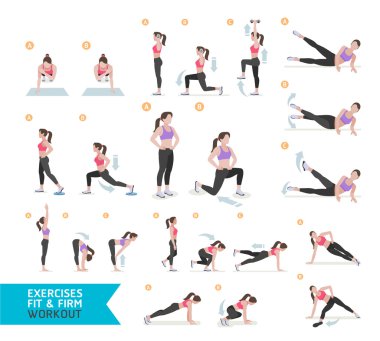 Kadın egzersiz fitness, aerobik ve egzersizleri. Vektör çizim.