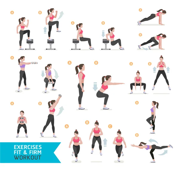 Entrenamiento femenino fitness, aeróbico y ejercicios. Ilustración vectorial — Archivo Imágenes Vectoriales