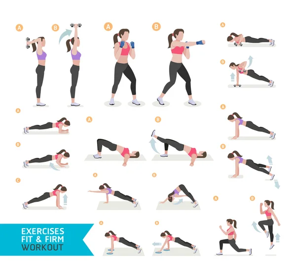 Aptidão de treino de mulher, aeróbica e exercícios. Vector Illustratio —  Vetores de Stock