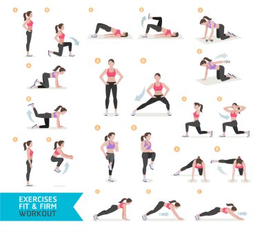 Kadın egzersiz fitness, aerobik ve egzersizleri. Vektör çizim.