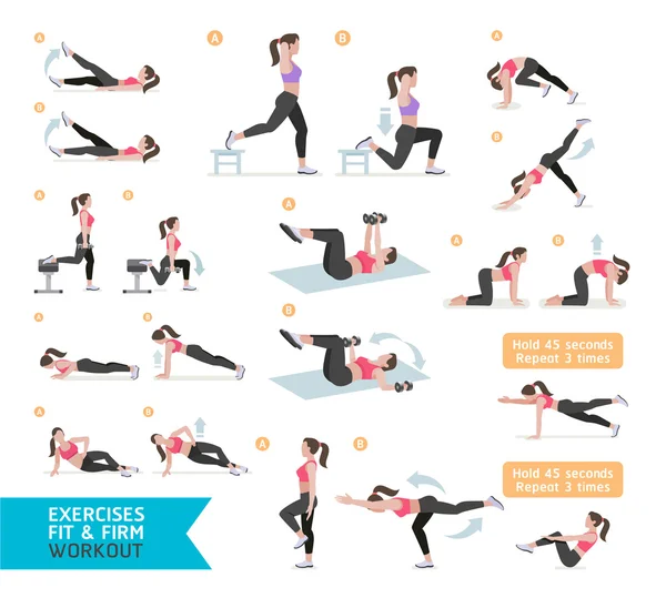 Aptidão de treino de mulher, aeróbica e exercícios. Vector Illustratio — Vetor de Stock