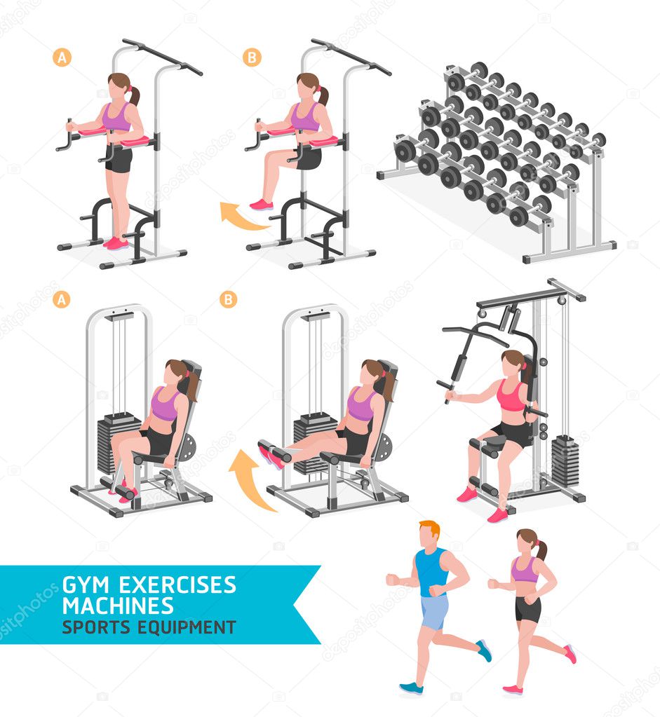 Fitness and Gym Equipment, Exercise Machine. Set of Vector Illustration.  Exercise Bike, Weight and Workout Bench. Stock Vector - Illustration of  rowing, sport: 236712121