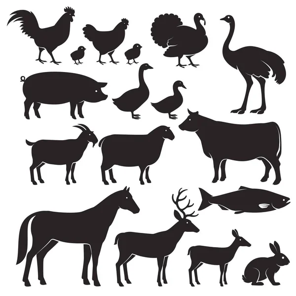 Ícones de silhueta de animais de fazenda. Ilustrações vetoriais —  Vetores de Stock