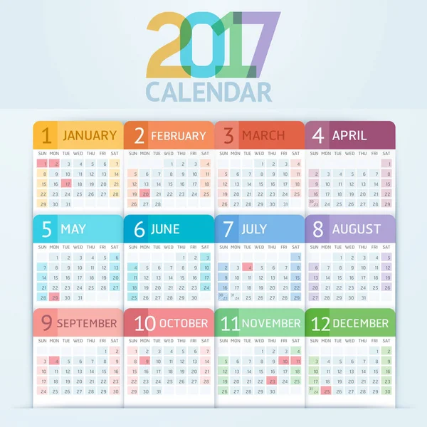 Calendario 2017 diseño de plantilla de impresión. ilustraciones vectoriales . — Vector de stock