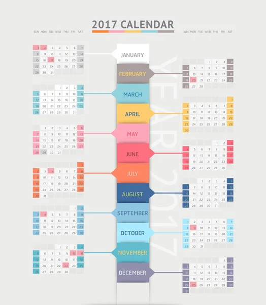 Kalendář 2017 návrh tiskové šablony. Vektorové ilustrace. — Stockový vektor