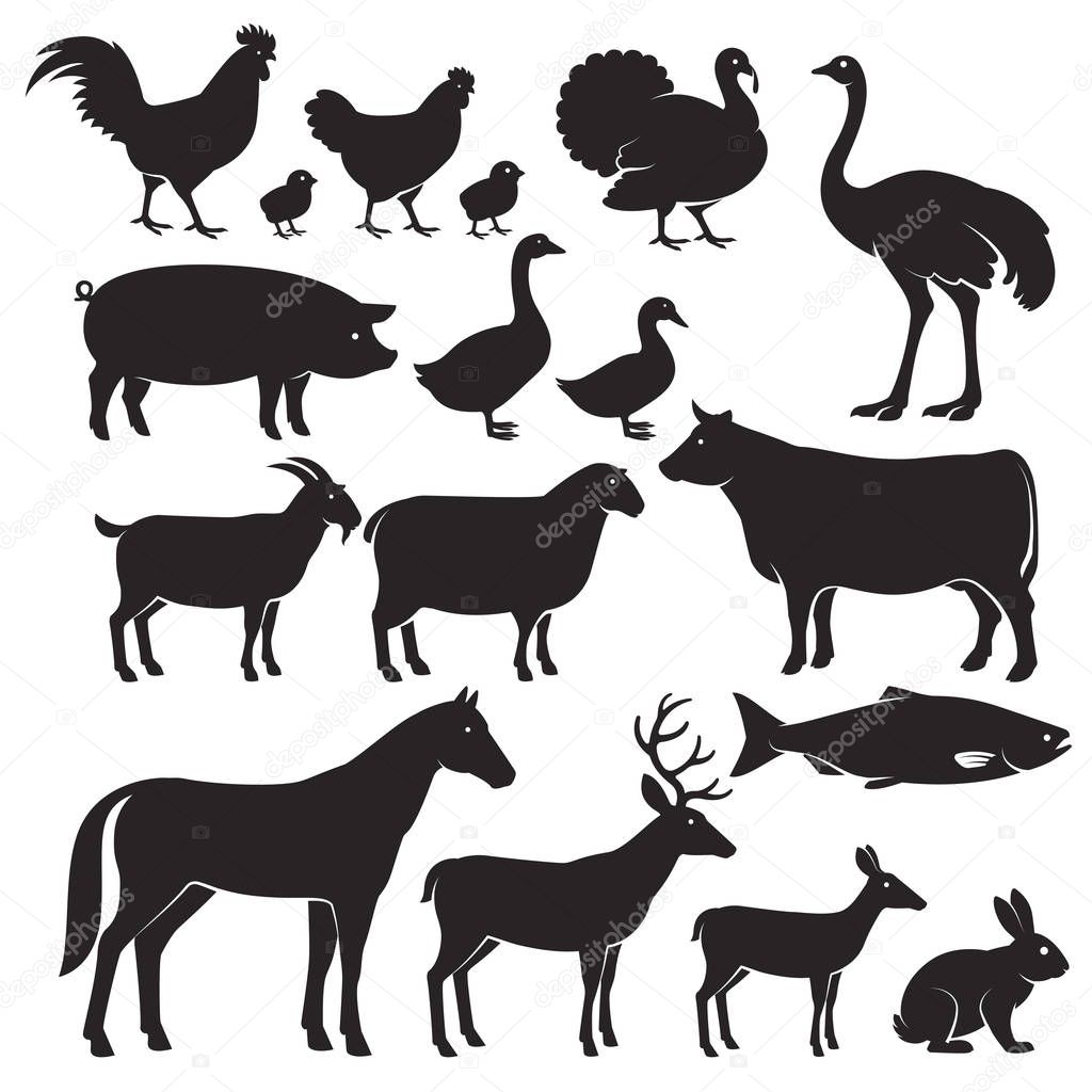 Farm animals silhouette icons. Vector illustrations