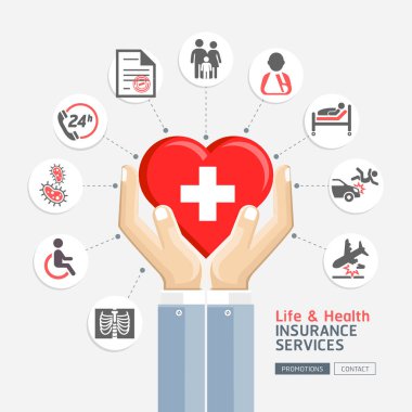 Hayat ve sağlık sigortası Hizmetleri. Kalp şekli tutan eller iş. Vektör çizimler.