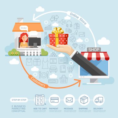 İş online pazarlama kavramsal. Hediye kutusu kadın müşterilere holding işadamı eller. Vektör çizim.