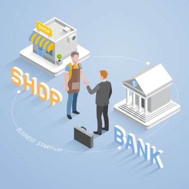 İş Ortaklık bağlantı kavramı. İki iş adamları el sıkışma. İzometrik vektör çizim.