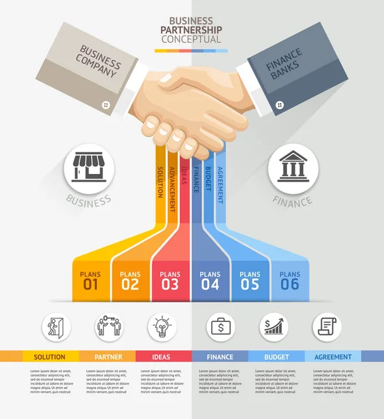 Partnerschap verbinding bedrijfsconcept. Zakelijke handdruk en Infographics sjabloon. Vectorillustratie. Kan worden gebruikt voor de werkstroom layout, banner, diagram, web ontwerpsjabloon. — Stockvector