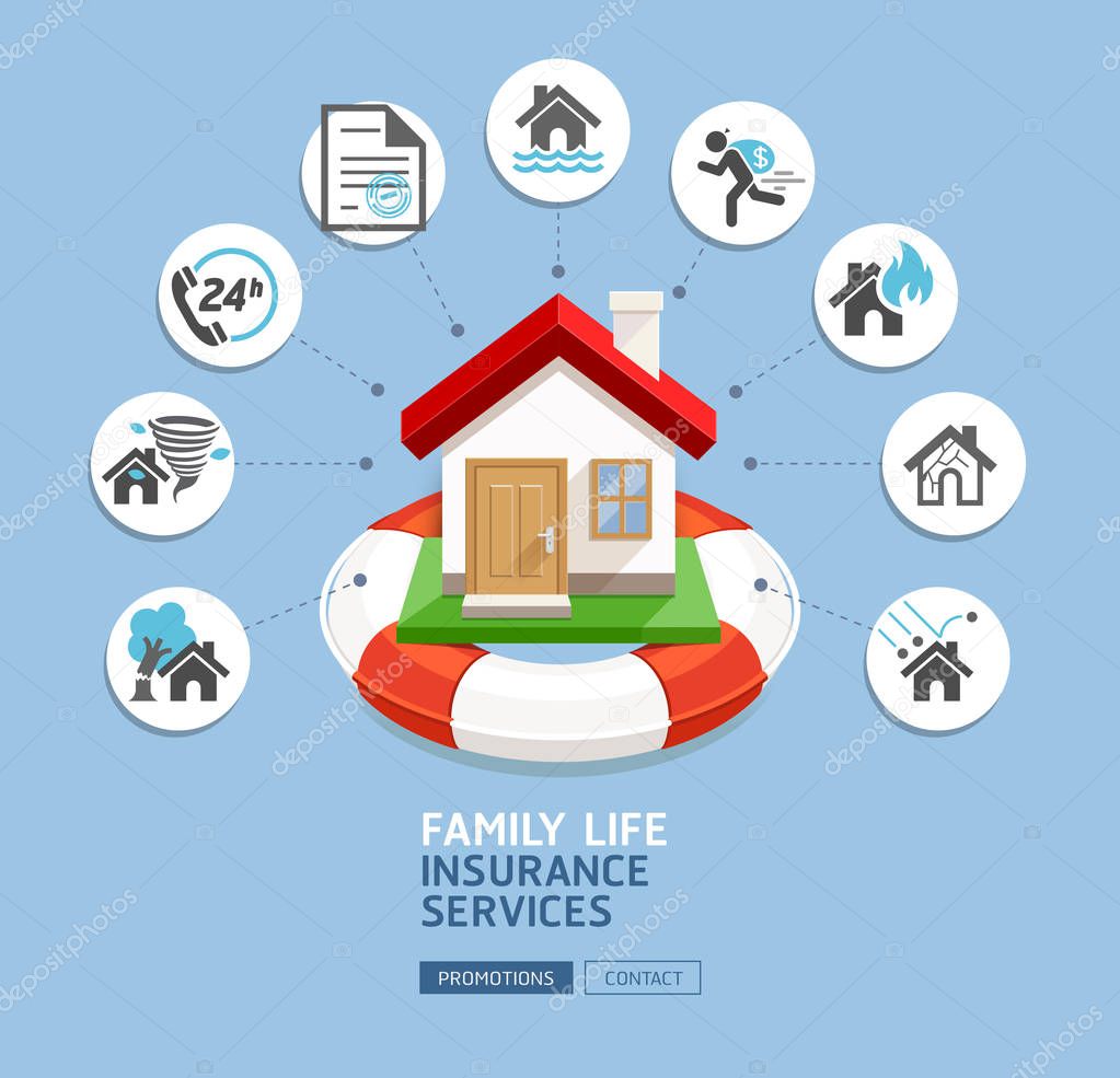 House insurance services. House with lifebuoy on blue background.