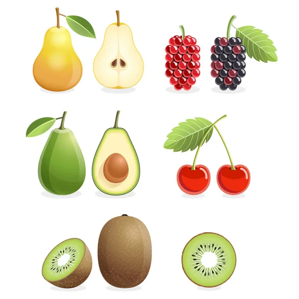 Reeks van kleurrijke vruchten pictogrammen peer, moerbei, kers, kiwi, avocado. — Stockvector