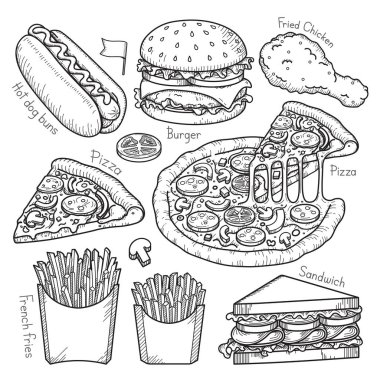 Fast food doodle öğeleri çizilmiş stil ver. Vektör çizimler