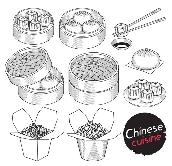 Comida chinesa elementos doodle estilo desenhado à mão. Vetor Il — Vetor de Stock
