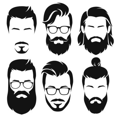 Hipsters erkekler yüzlerini koleksiyonu. Vektör çizim.