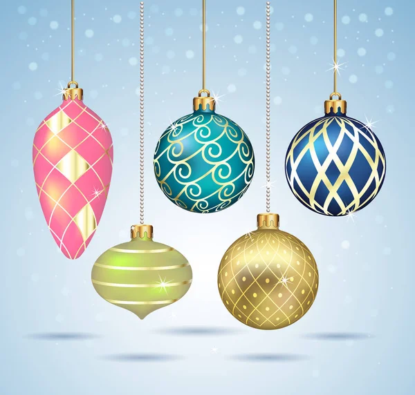 Christmas balls ornaments hanging on gold thread. Vector illustr — Stock Vector