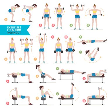 Kadın egzersiz fitness, aerobik ve egzersizleri. Vektör Illustratio