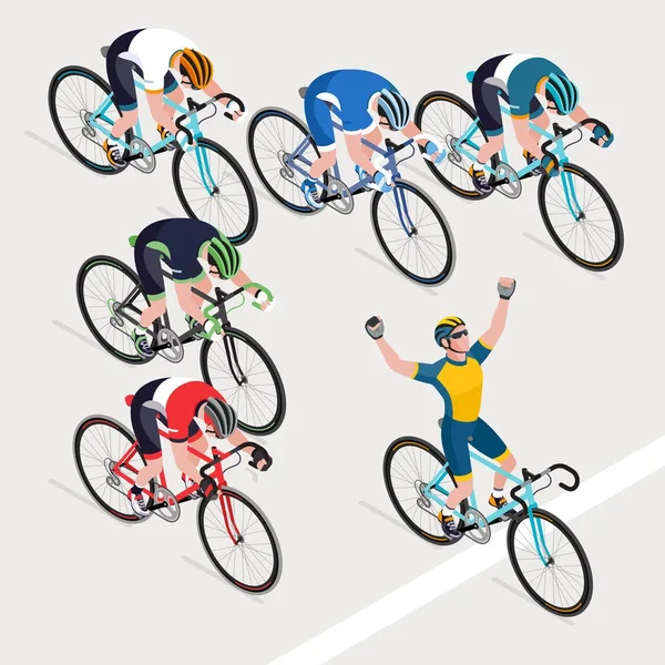 Groupe de cyclistes de l'homme dans la course cycliste sur route a obtenu le gagnant bi — Image vectorielle