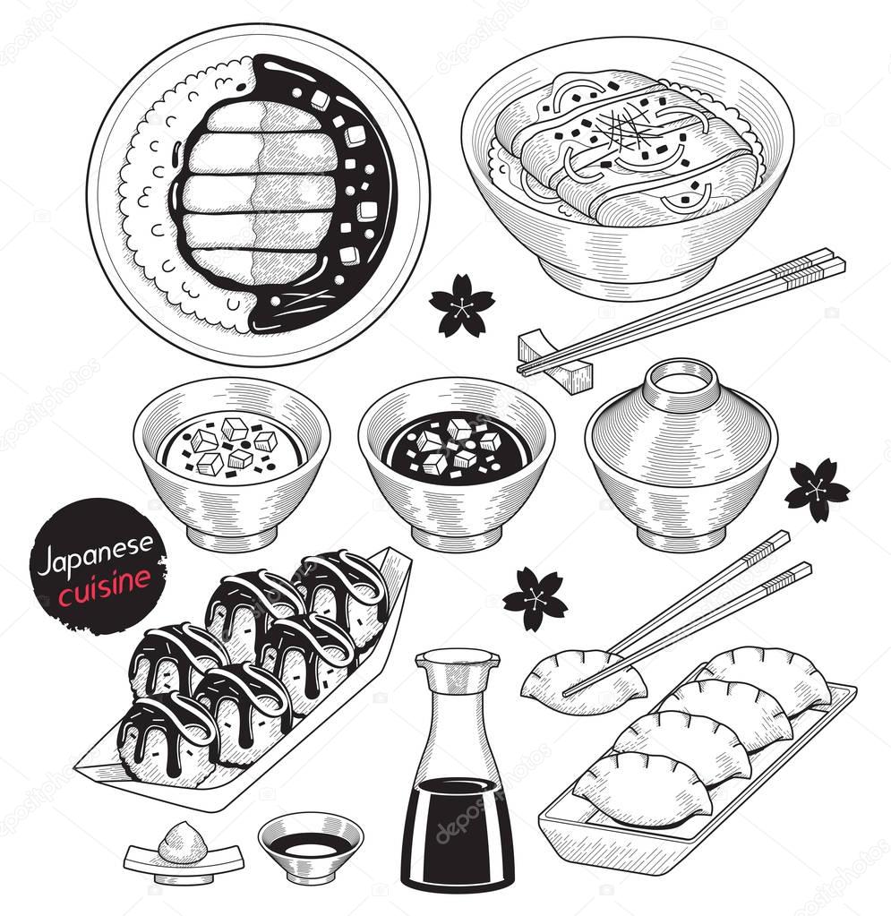 Japan food doodle elements hand drawn style. Vector Illustration
