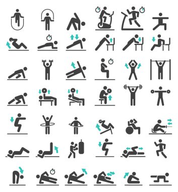 Fitness Egzersiz egzersiz Icons set. Vektör çizimler.