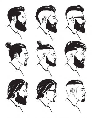 Siluet sakallı erkekler kümesi hipsters tarzı farklı saç kesimi ile karşı karşıyadır. Vektör çizim.
