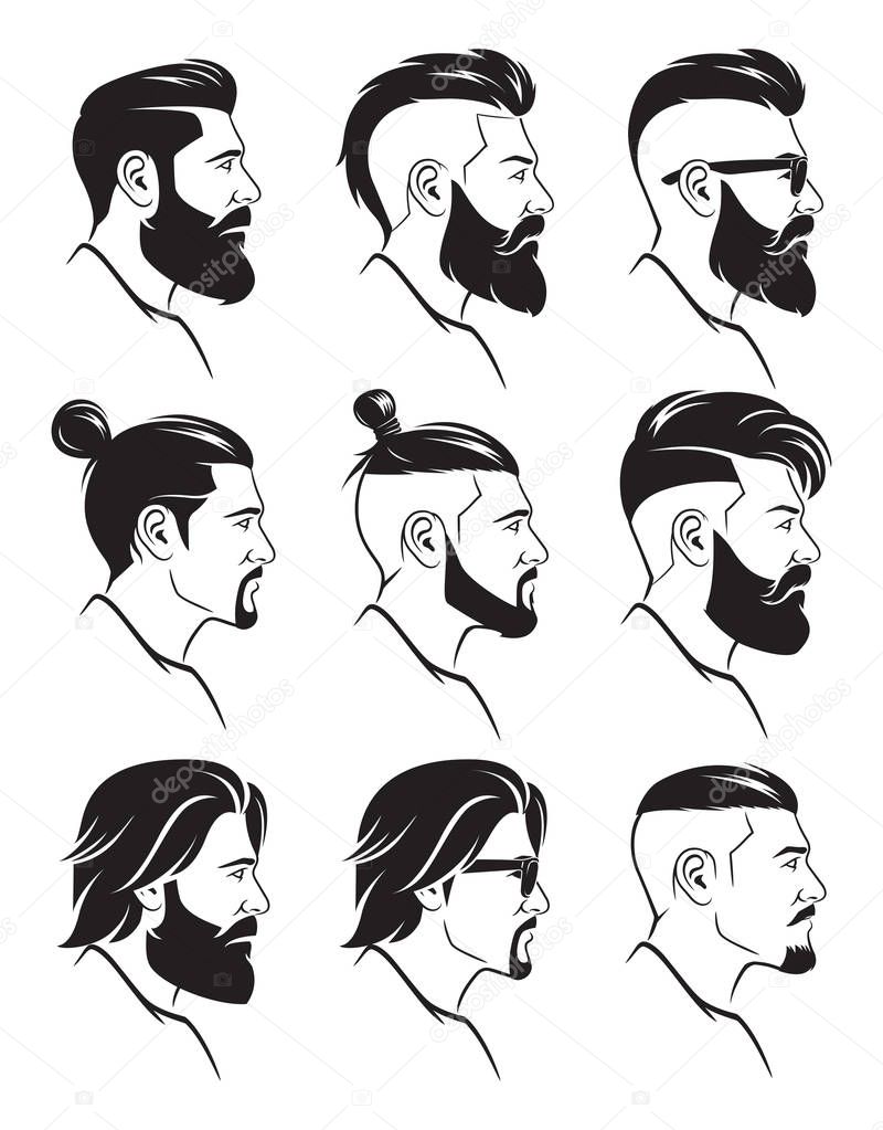 Set of silhouette bearded men faces hipsters style with different haircuts. Vector illustration.