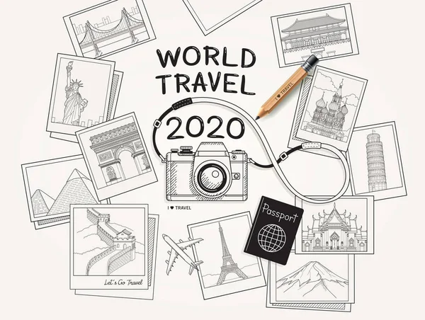 World travel 2020 concept. Camera and famous landmarks photo pic — Stock vektor