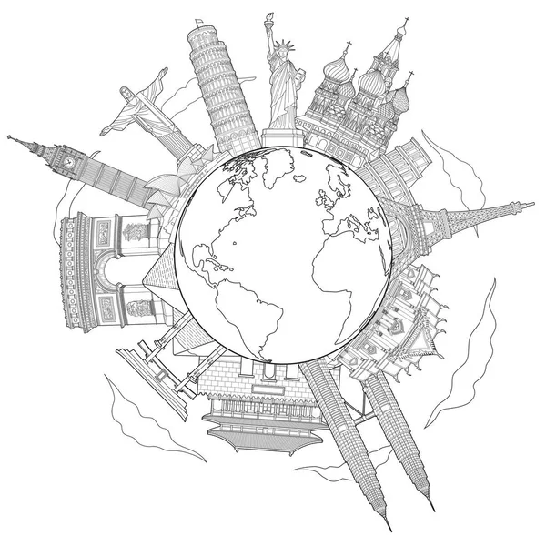 In tutto il mondo viaggiare famoso punto di riferimento disegno d'arte doodle — Vettoriale Stock