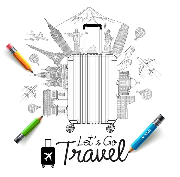 Τουρισμός και ταξίδια doodles εικονογραφήσεις διάνυσμα στυλ τέχνης. — Διανυσματικό Αρχείο