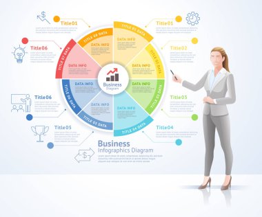 Infographics vektör çizimleriyle ayakta duran iş kadını sunumu.
