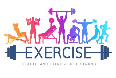 Kavramsal tasarımı geliştirir. Silüet egzersizi yapan gençler. Spor Fitness bayrağı tanıtım vektörü İllüstrasyonları.