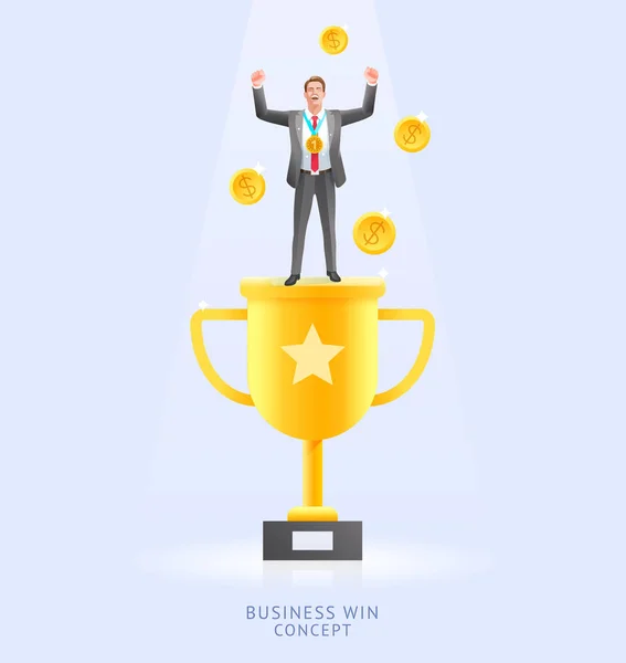 Business win conceptueel ontwerp vector illustraties. Zakenman staan op de top trofee cup hebben gouden munt naar beneden vallen. — Stockvector