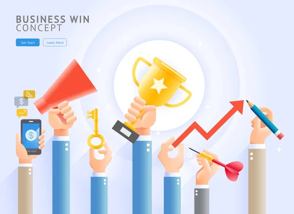 Business win conceptual. Group of Business hands holding a trophy , Mobile phone, megaphone, keys, darts and pencils. Vector Illustrations. — Stock Vector