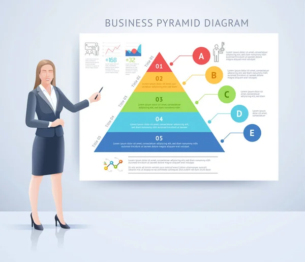 Επιχειρηματική γυναίκα στέκεται παρουσίαση με infographics διανυσματική εικονογράφηση. — Διανυσματικό Αρχείο