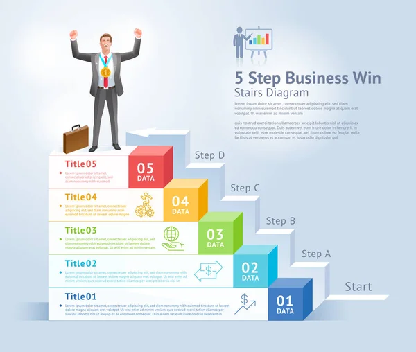 5 passi per il concetto di business win. Uomo d'affari Uomini in piedi in possesso di trofei d'oro sulla parte superiore infografica — Vettoriale Stock