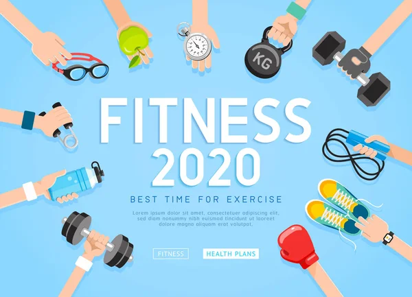 Övningar 2020 konceptuell design. Uppsättning ungdomar som tränar. Sport Fitness banner PR vektor Illustrationer. — Stock vektor